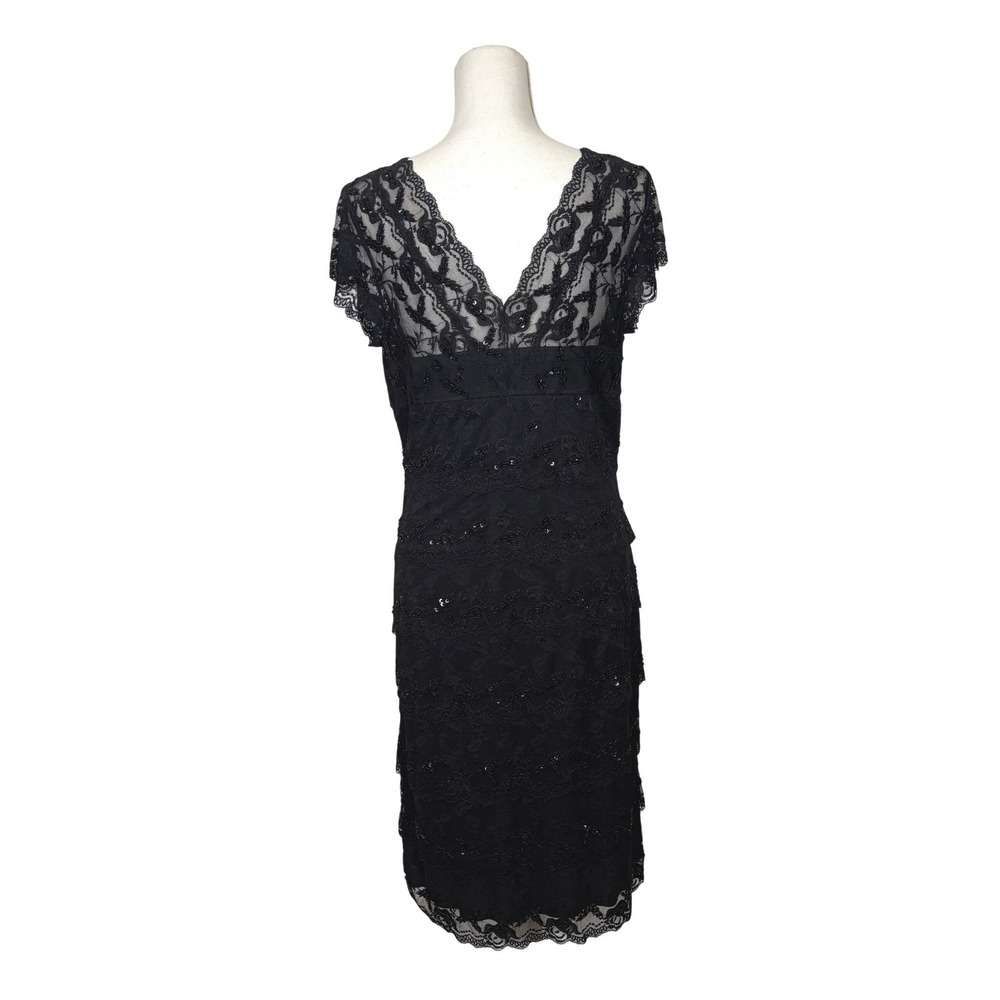 Marina Lace Sheath Dress Women 12 Black Sequin Beaded Tiered Cocktail V-Neck - Picture 2 of 12